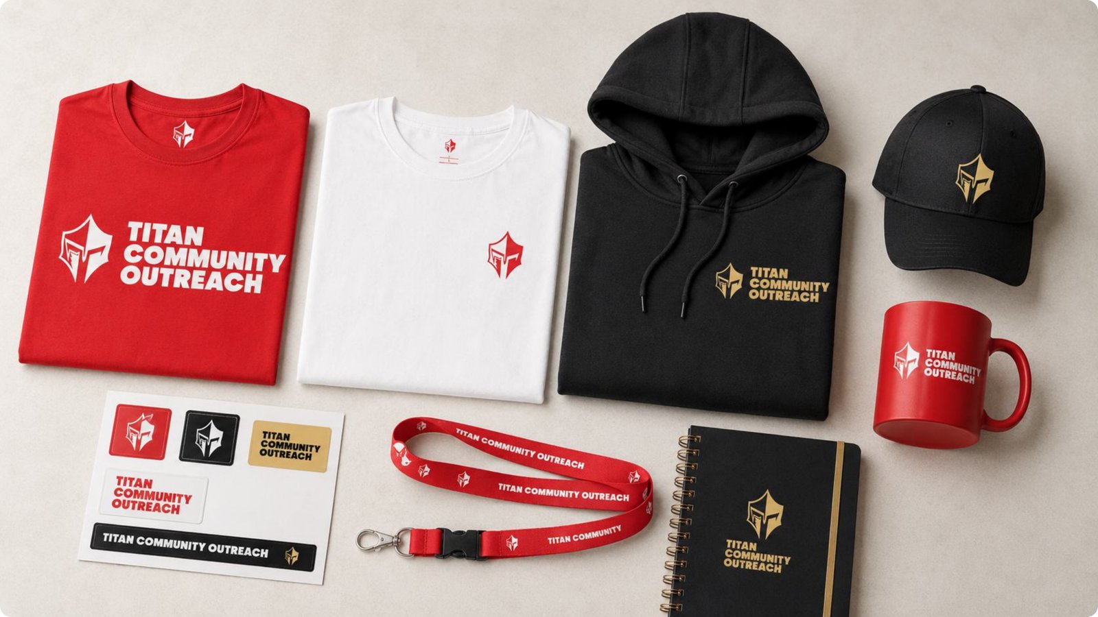 The Titan gear collection: tees, hoodie, cap, mug, lanyard, and stickers