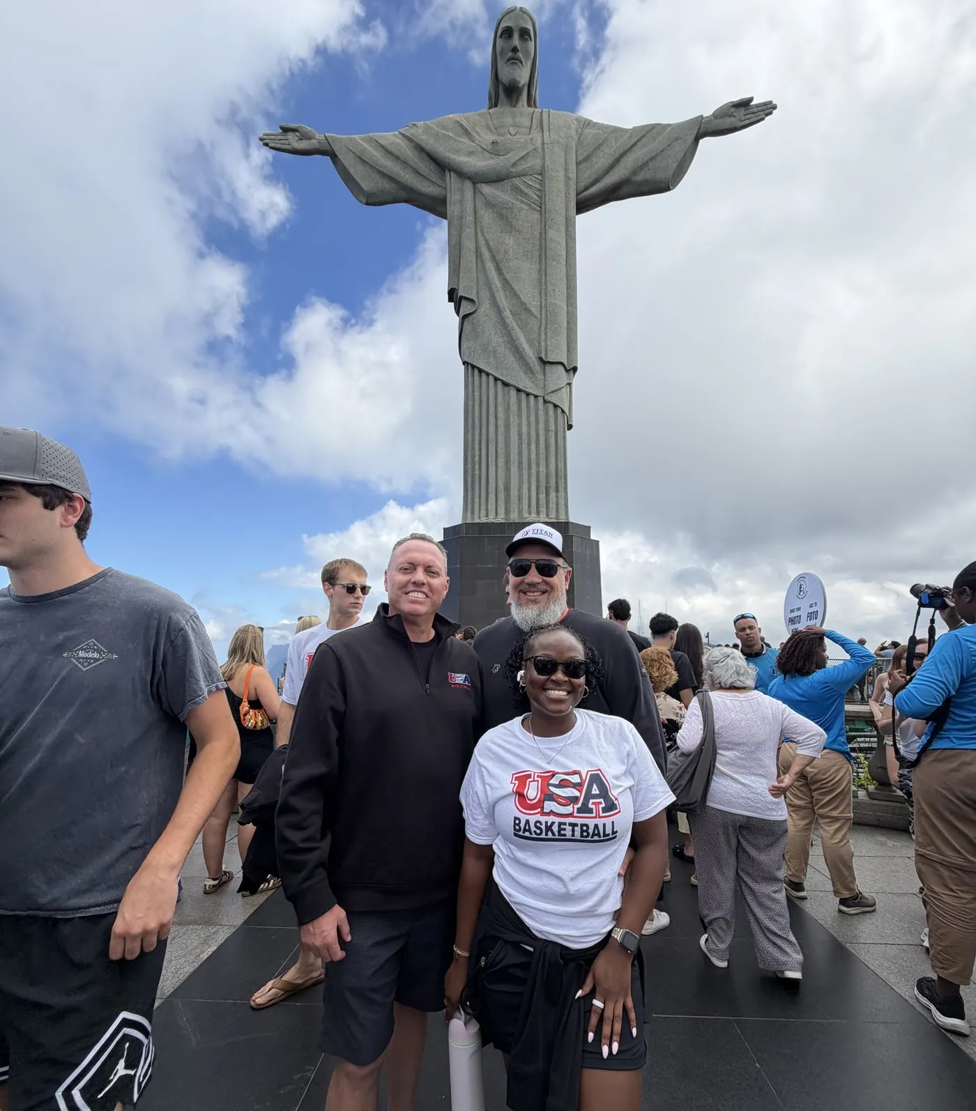 Tim Smith, Andy Shelby, and Michelle Nakhozwe at Christ the Redeemer in Rio de Janeiro, Brazil